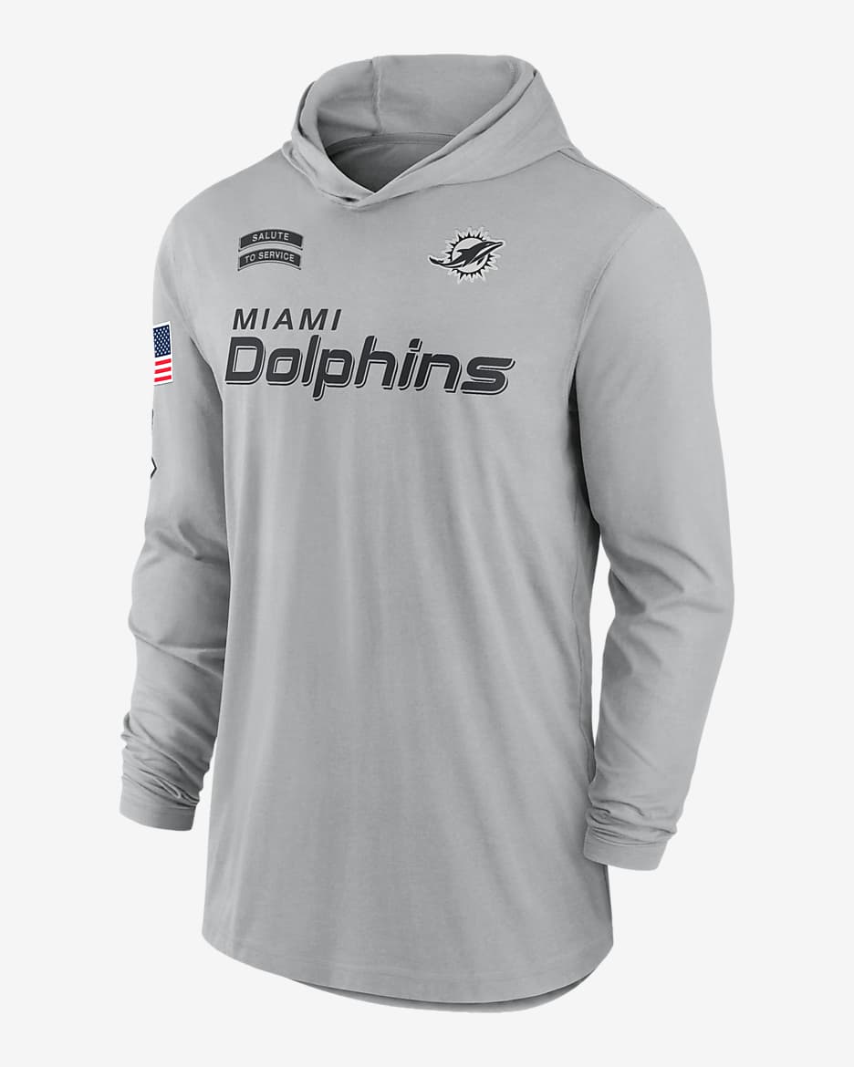 Miami Dolphins Salute to Service Edge Mascot Lockup Men s Nike Dri FIT NFL Long Sleeve Hooded Top. Nike